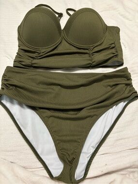 SHEIN Olive Green Ribbed High Waisted Bikini Set